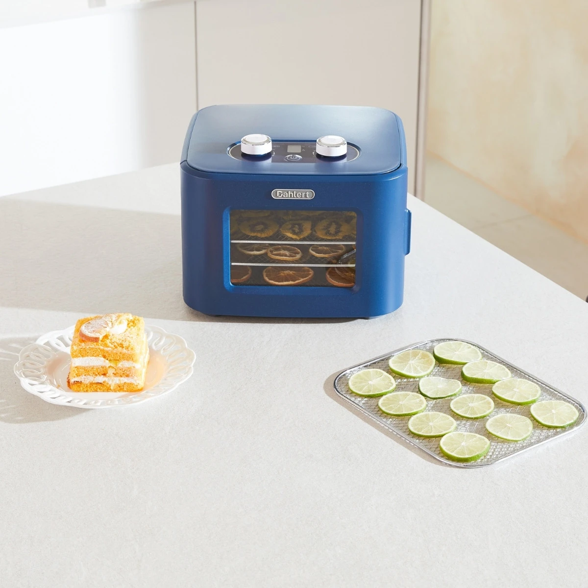 Dehydrator Dahlert zamknięty z żywnością w środku – widok lifestyle