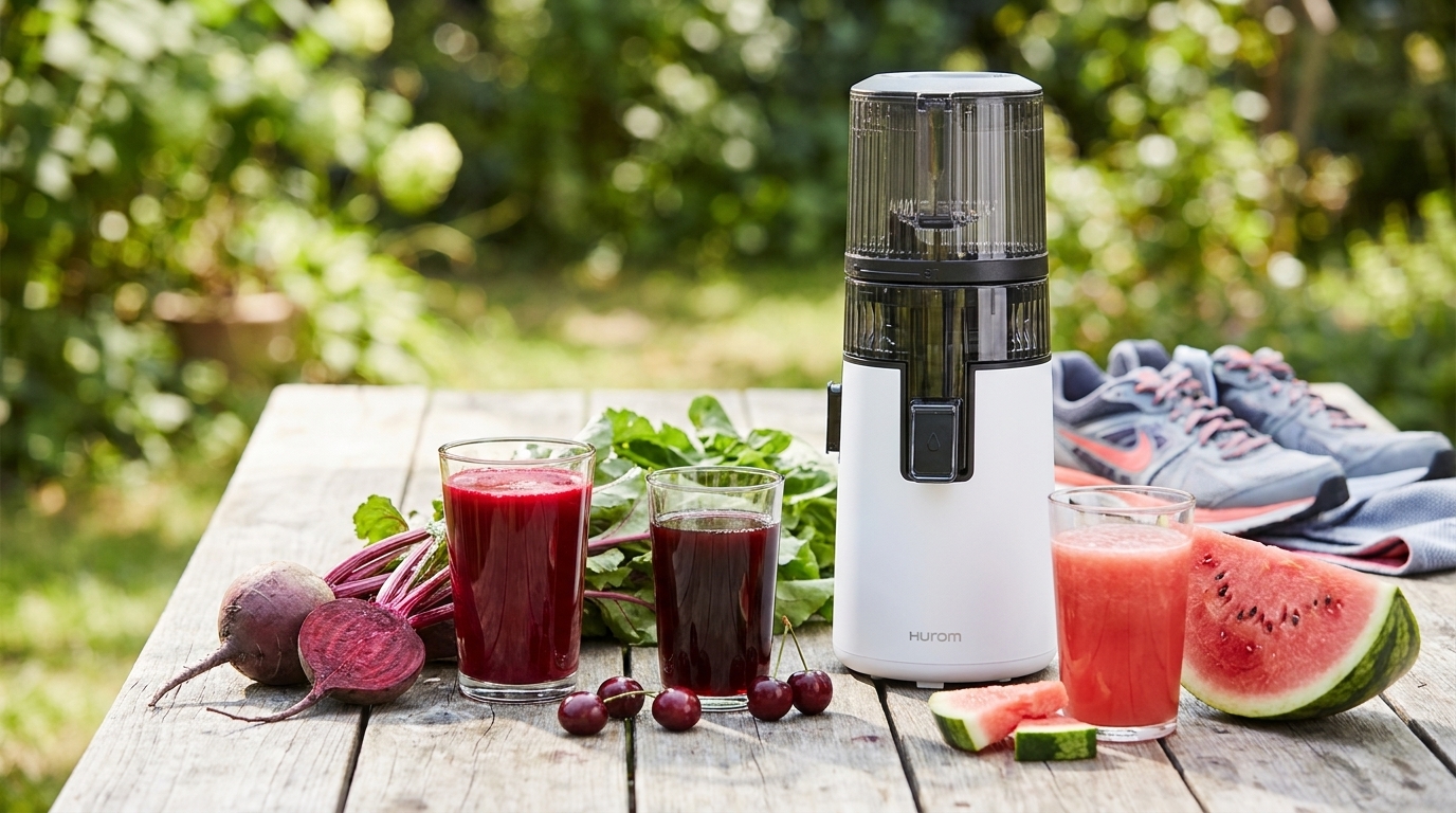 Sok dla sportowca z wyciskarki wolnoobrotowej Hurom – burak, pomarańcza, imbir