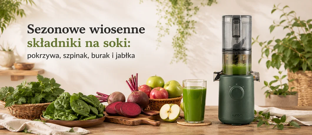 Sezonowe wiosenne składniki na soki: pokrzywa, szpinak, burak i jabłka na drewnianym blacie