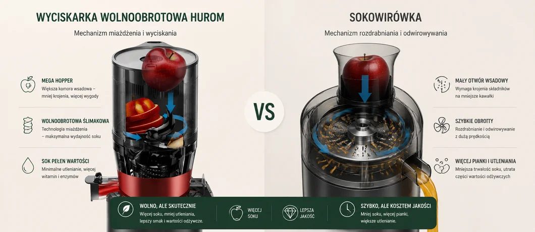 Budowa sokowirówki i wyciskarki wolnoobrotowej, porównanie mechanizmu wyciskania soku