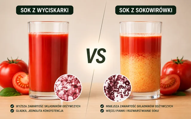 Gęsty sok z wyciskarki wolnoobrotowej obok rzadszego, spienionego soku z sokowirówki