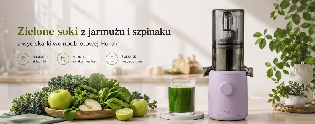 Zielone soki z jarmużu i szpinaku z wyciskarki wolnoobrotowej Hurom