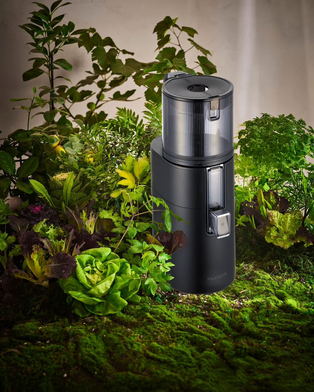 Wyciskarka wolnoobrotowa Hurom H400 – kuchenny blat i świeże składniki do soków