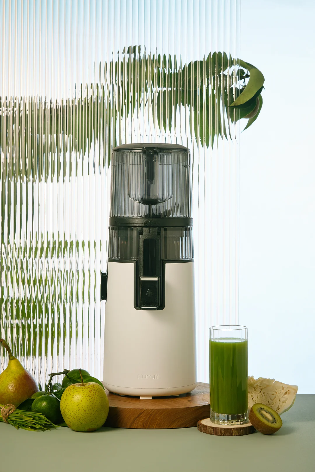 Estetyczna aranżacja kuchni z wyciskarką Hurom H70 i warzywami