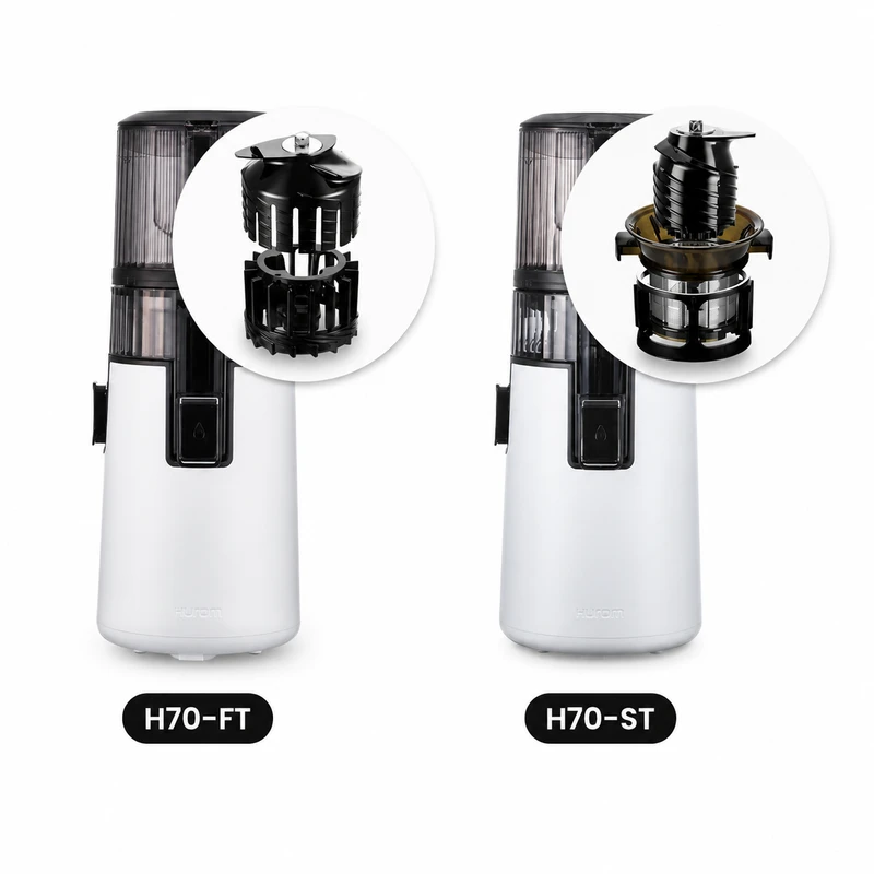 Hurom H70 FT Easy i H70 ST Pure obok siebie — bliźniacze modele, dwa systemy wyciskania