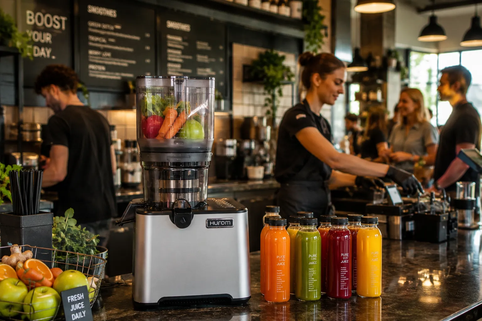 Hurom CP50 - profesjonalna wyciskarka do juice baru, sceneria lokalu HoReCa