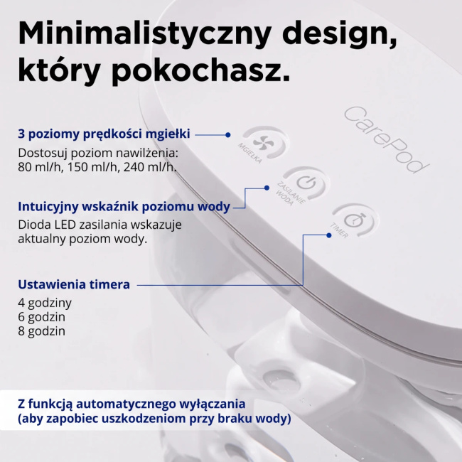 Carepod Mini, kompaktowy nawilżacz ultradźwiękowy ze stali nierdzewnej, do 32,5 m²