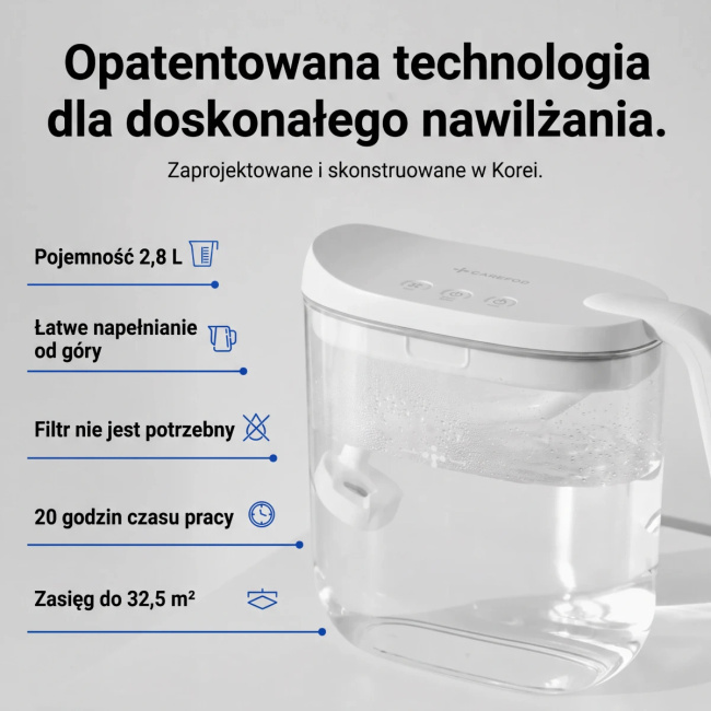 Carepod Mini, kompaktowy nawilżacz ultradźwiękowy ze stali nierdzewnej, do 32,5 m²